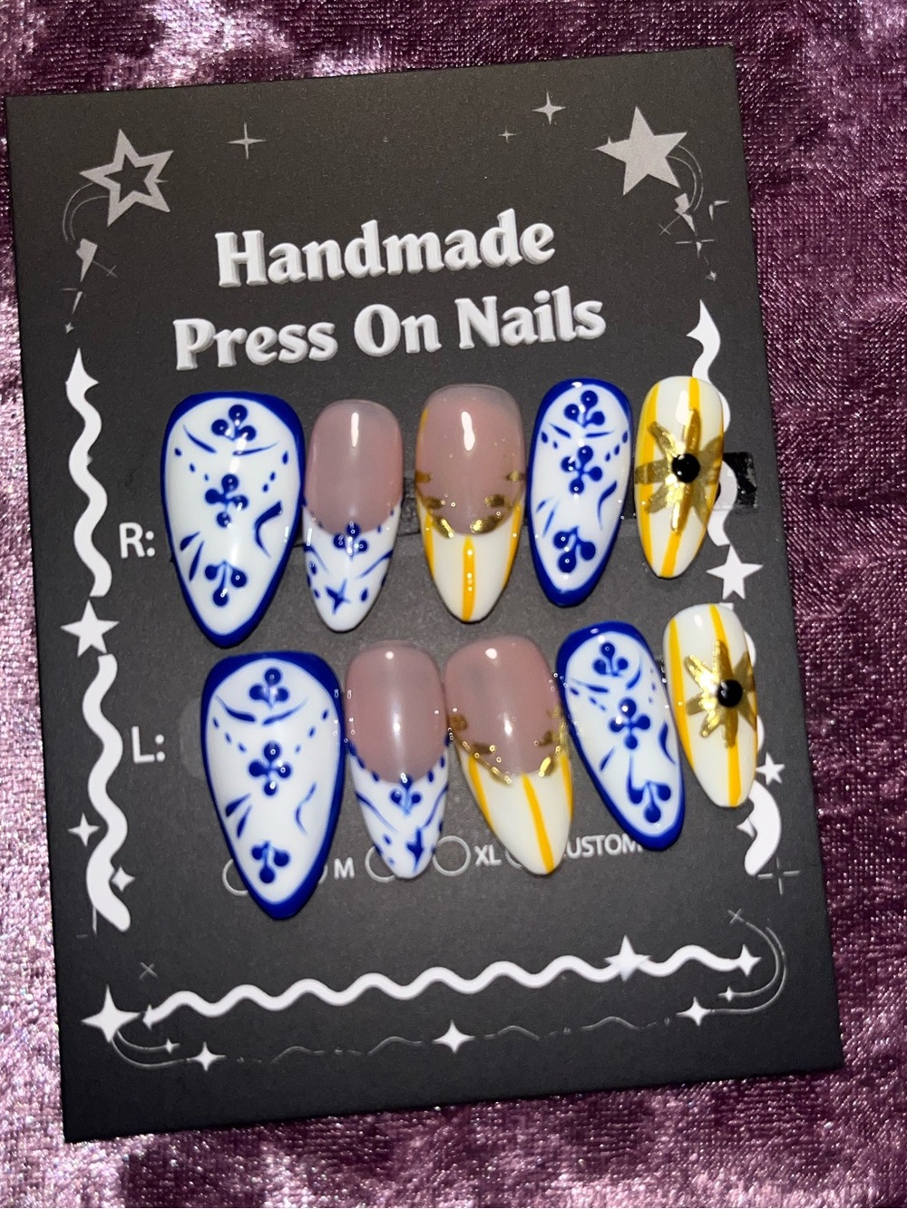 Handmade Blue White Yellow Press-On Nails